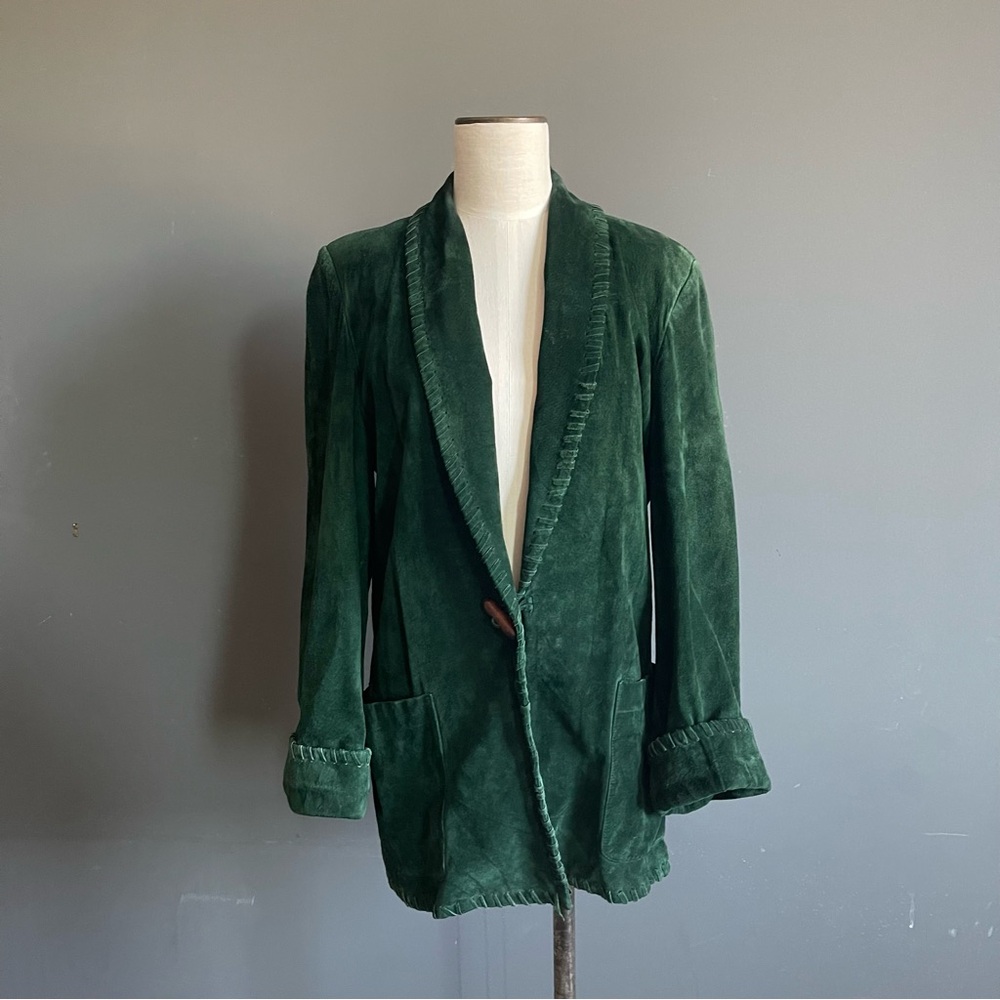 Vintage Forest Green Suede Jacket Whipstitch Minimalist Boho Luxe Western Ranch